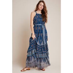 New Anthropologie Sasha Ruffled Tiered Maxi Dress $198 SMALL Blue Boho